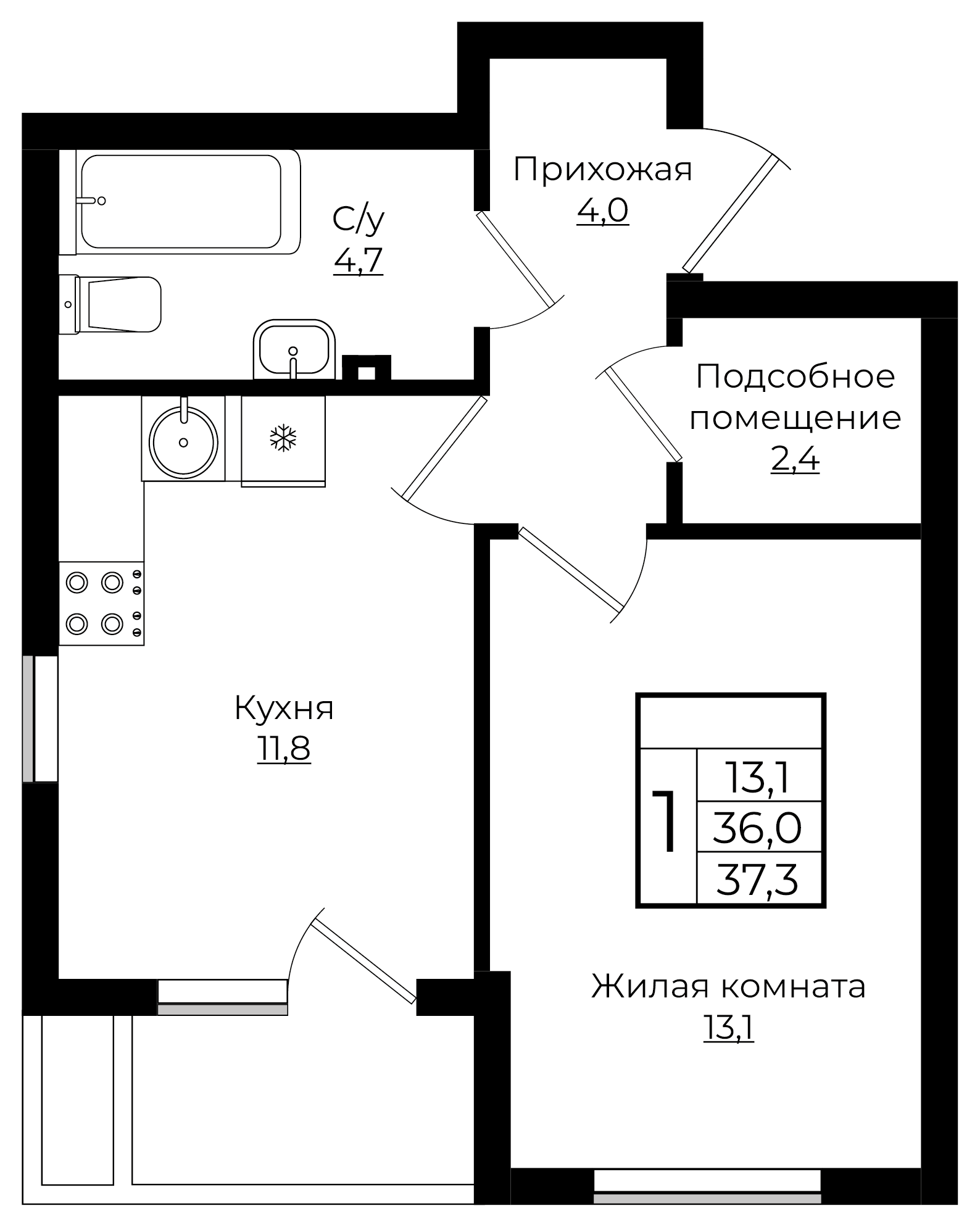 1-комнатная 37.3 м2
